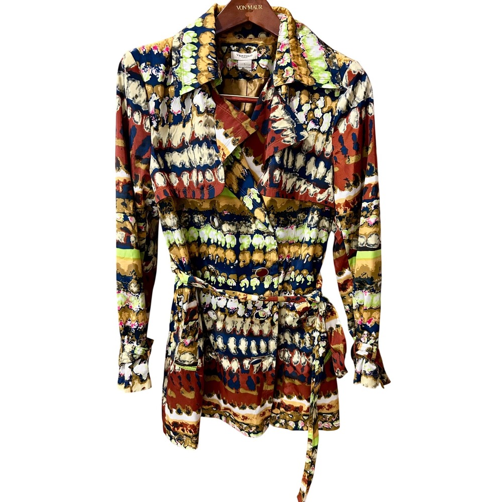 Vertigo Paris Womens Abstract Tie Dye Double Breasted Trench Coat Belted Large